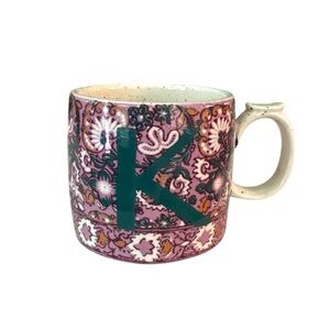 Anthropologie Block Printed Monogram Initial K Purple Green Floral Coffee Mug